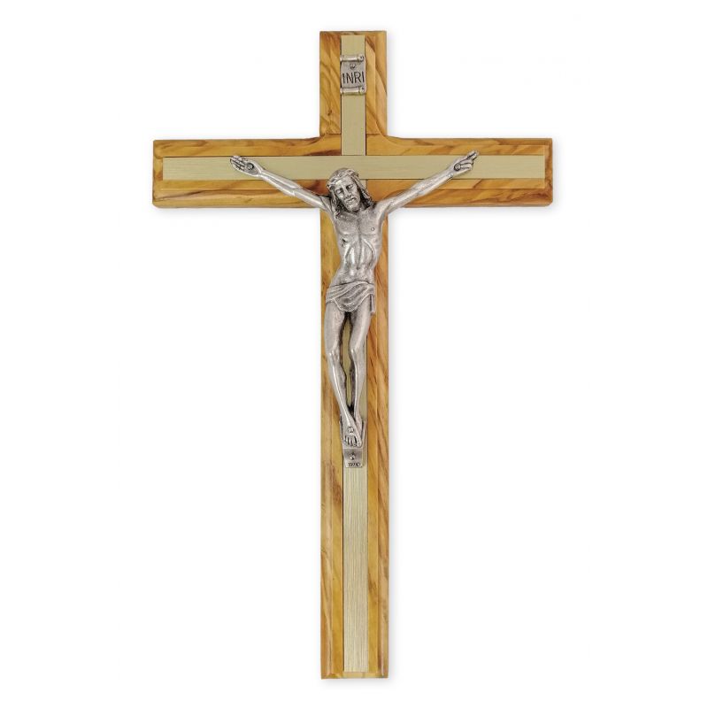 Krzyż z drzewa oliwnego inkrustowany metalem (2)