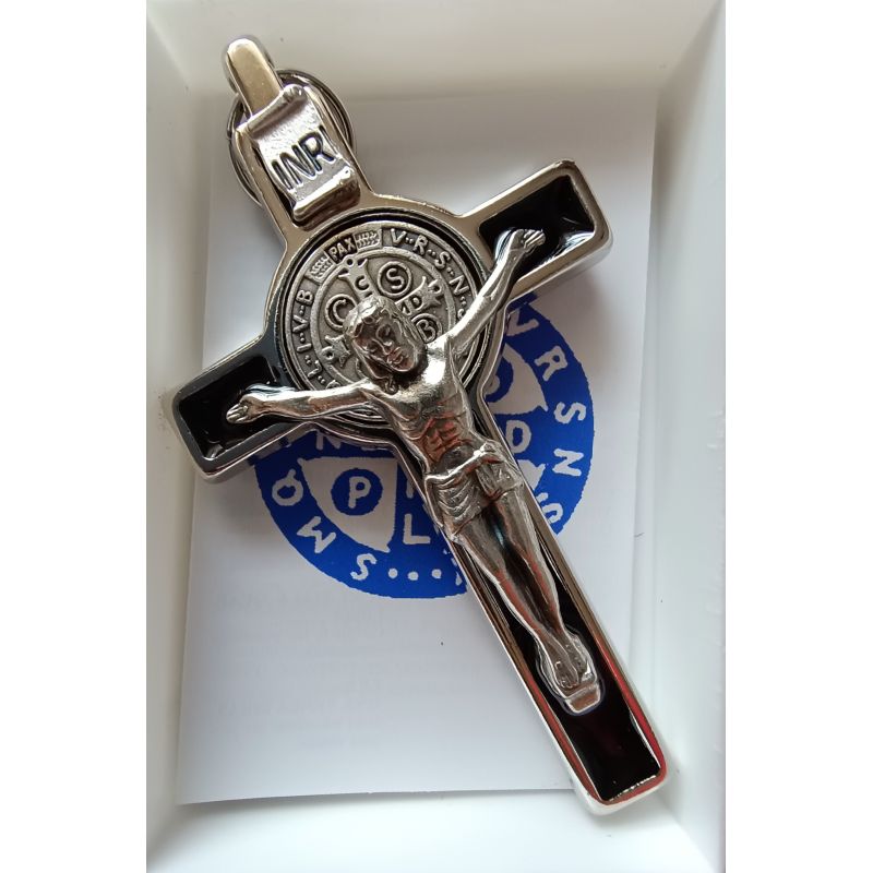 Krzyż Św. Benedykta, metalowy w kolorze srebrnym 8 x 4,2 cm