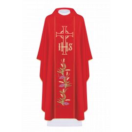 Ornat haftowany z symbolem IHS, Krzyża i winogron - czerwony (H109)