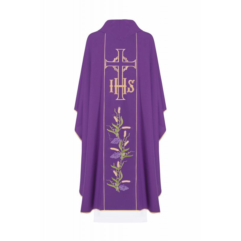 Ornat haftowany z symbolem IHS, Krzyża i winogron - fioletowy (H110)