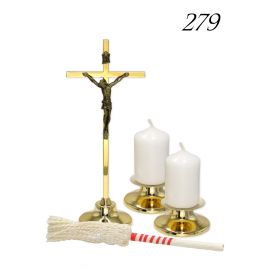 Komplet kolędowy złoty – krzyż 17 cm, 2 lichtarze, świece, kropidło