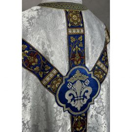 Ornat semi gotycki + stuła, bursa, manipularz, welon na kielich - tkanina żakard (16K)