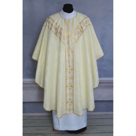 Ornat semi gotycki + stuła, kolor ecru, pasy tkane (39K)