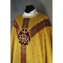 Ornat semi gotycki + stuła, kolor złoty, tkane pasy (47K)