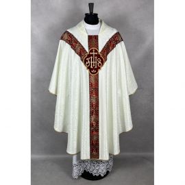 Ornat semi gotycki, ecru, tkanina żakard, pasy tkane (89K)