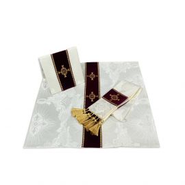 Ornat semi gotycki ecru + akcesoria, tkanina żakard, pasy aksamit (102K)
