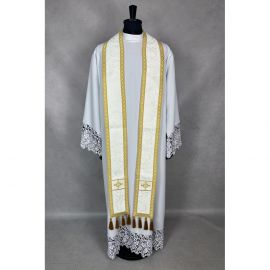 Ornat semi gotycki ecru + akcesoria, tkanina żakard, pasy aksamit (107K)