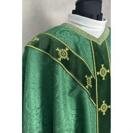 Ornat semi gotycki zielony + akcesoria, tkanina żakard, pasy aksamit (110K)