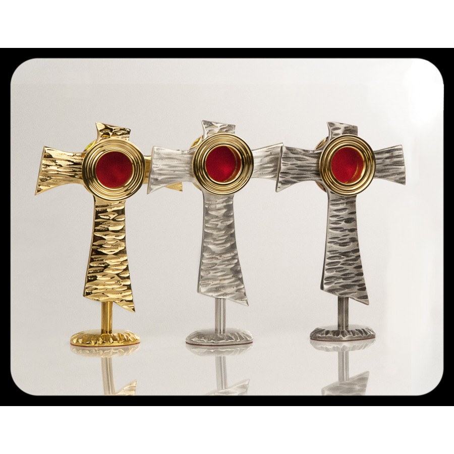 Relikwiarz mosiężny w kształcie franciszkańskiego symbolu. Dostępny w trzech kolorach - wys. 20 cm