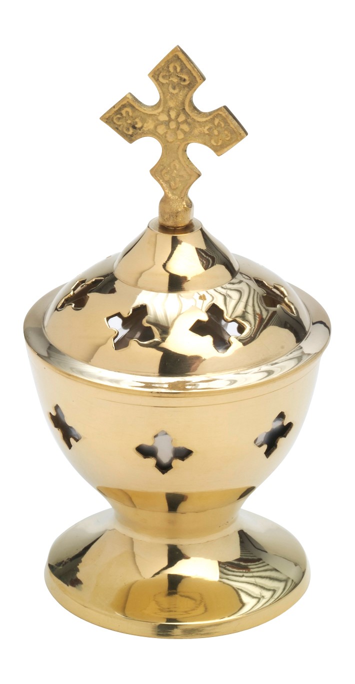 Kadzielnica (kadzielniczka) domowa mosiężna z krzyżykami, złoty kolor, 13 cm - zdjęcie 2