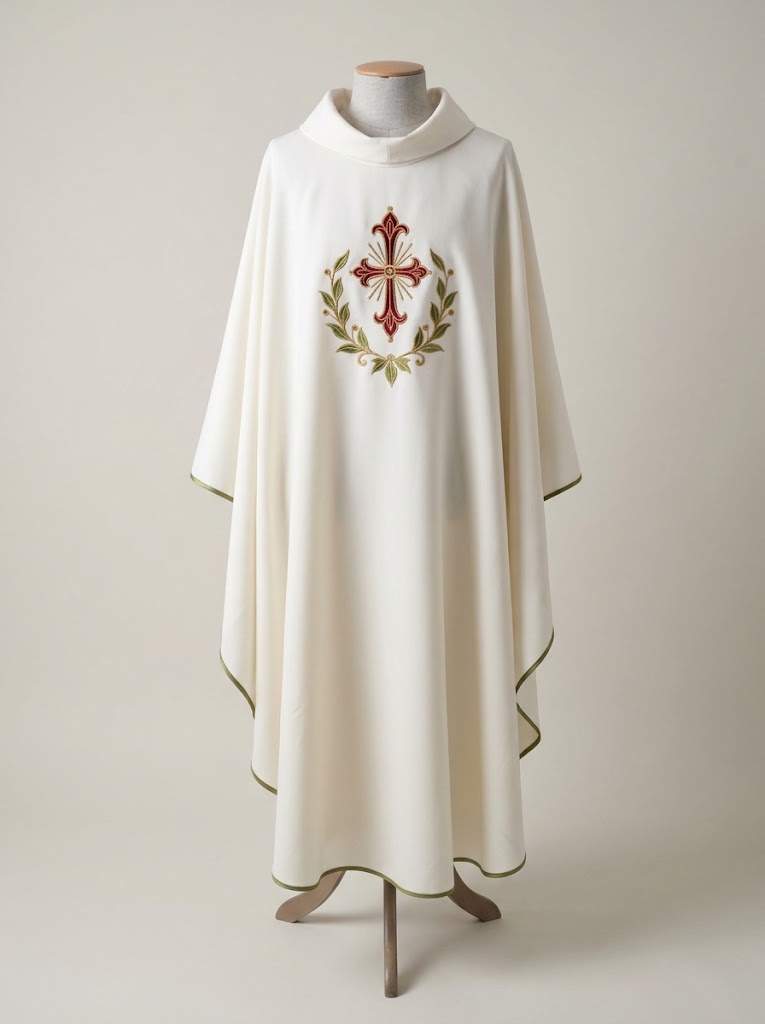 Ornat ecru „Krzyż w wieńcu” – elanobawełna, długość 135 cm