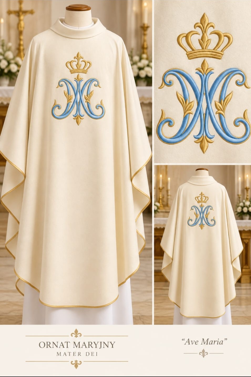 Ornat maryjny ecru z niebiesko-złotym monogramem – 135 cm, kołnierz golf