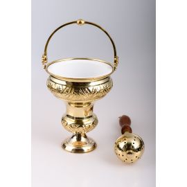 Kociołek na wodę święconą, mosiężny + kropidło (złoty)
