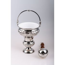 Kociołek na wodę święconą, mosiężny + kropidło (srebrny)