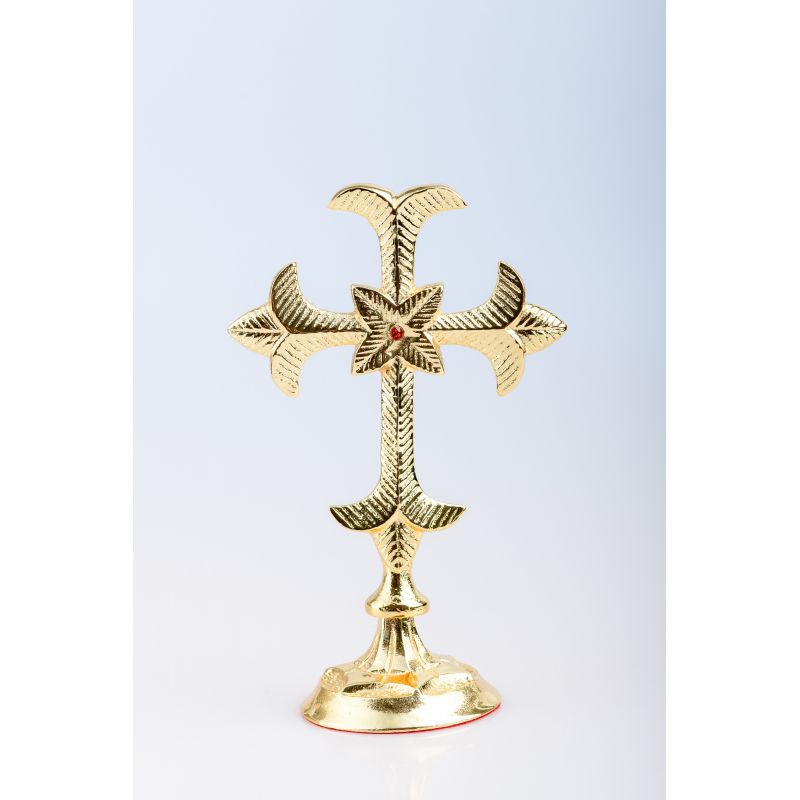 Krzyż stojący nowoczesny, mosiężny, pozłacany - 19 cm