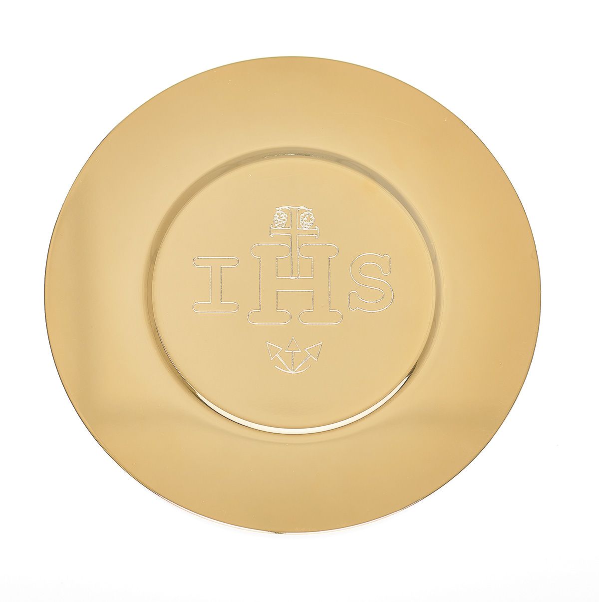 Patena wyprofilowana, złocona z napisem IHS śr. 16,5 cm