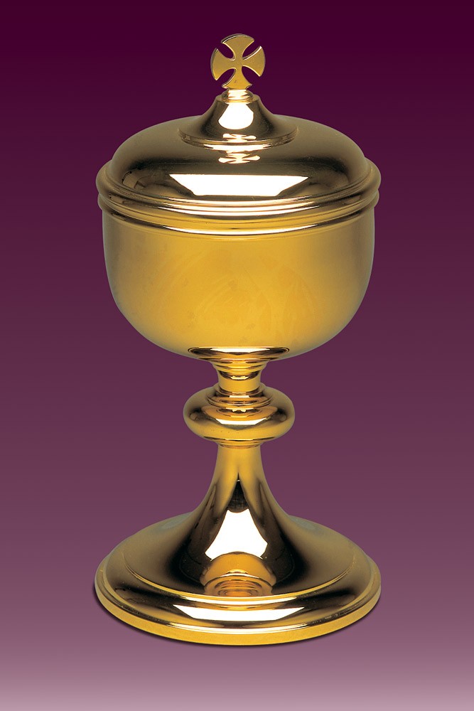 Puszka na komunikanty mosiężna, pozłacana,  h: 28 cm.