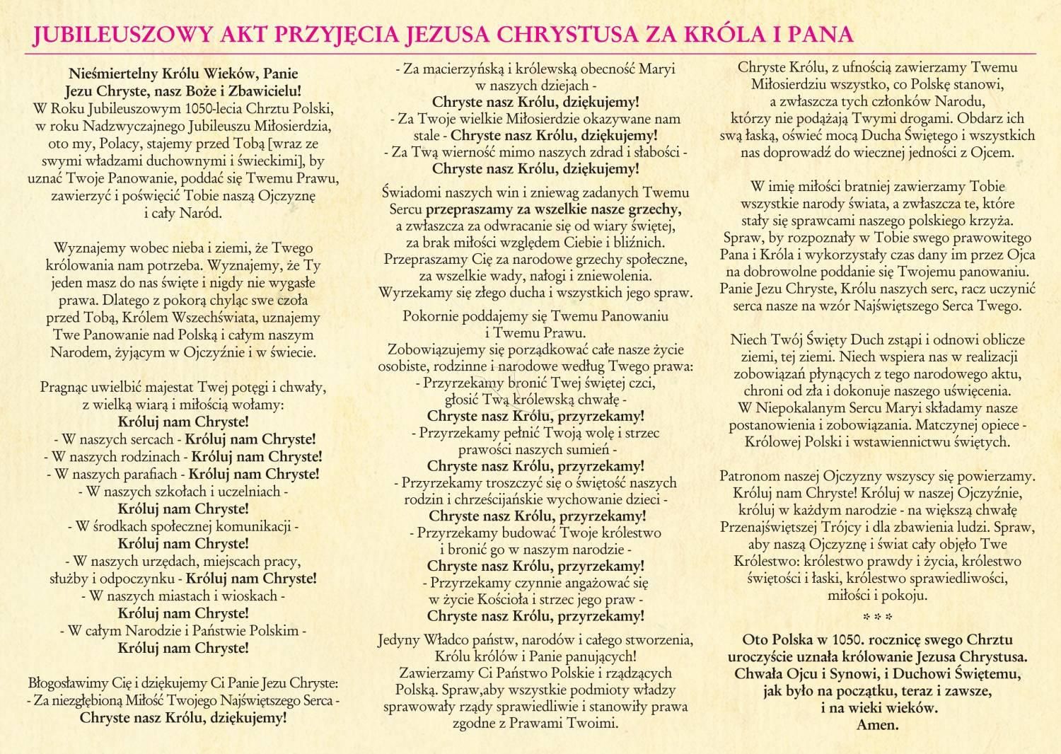 Folder składany Jubileuszowy Akt Przyjęcia Jezusa Chrystusa za Króla i Pana - zdjęcie 2 - Folder składany Jubileuszowy Akt Przyjęcia Jezusa Chrystusa za Króla i Pana