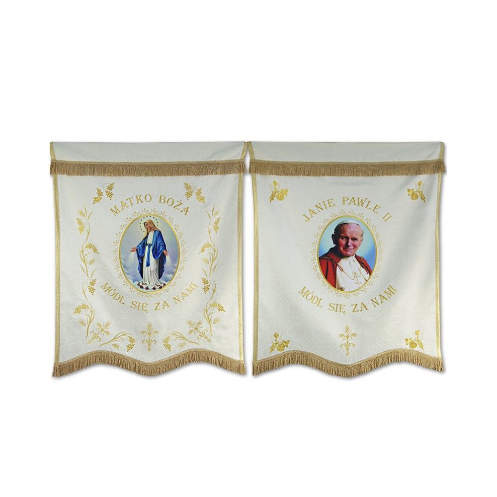 Chorągiew haftowana kościelna Jan Paweł II+ MB Różańcowa