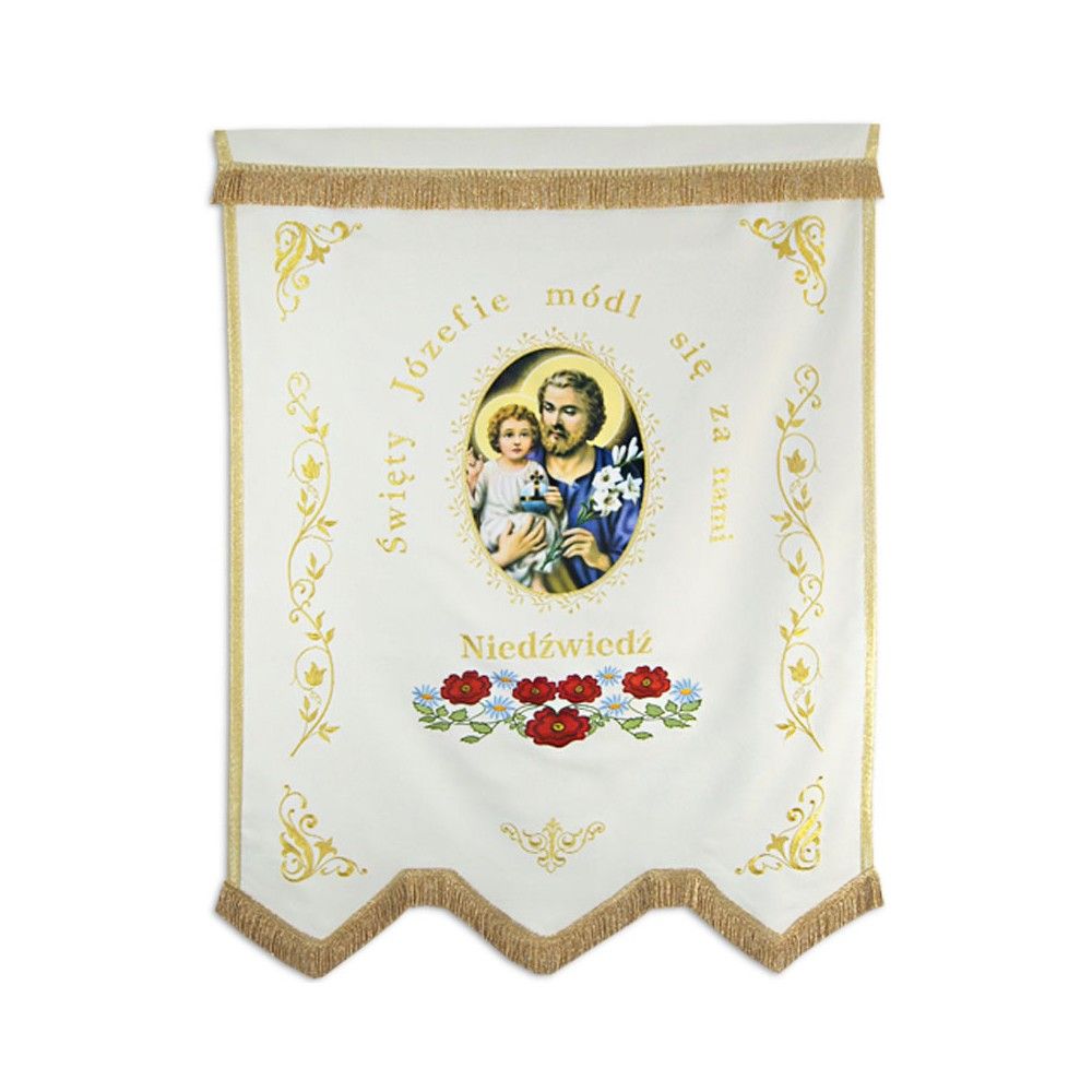 Chorągiew drukowana (Matka Boża, Św. Józef) + haftowane napisy, ornamenty - zdjęcie 3 - Chorągiew drukowana (Matka Boża, Św. Józef) + haftowane napisy, ornamenty