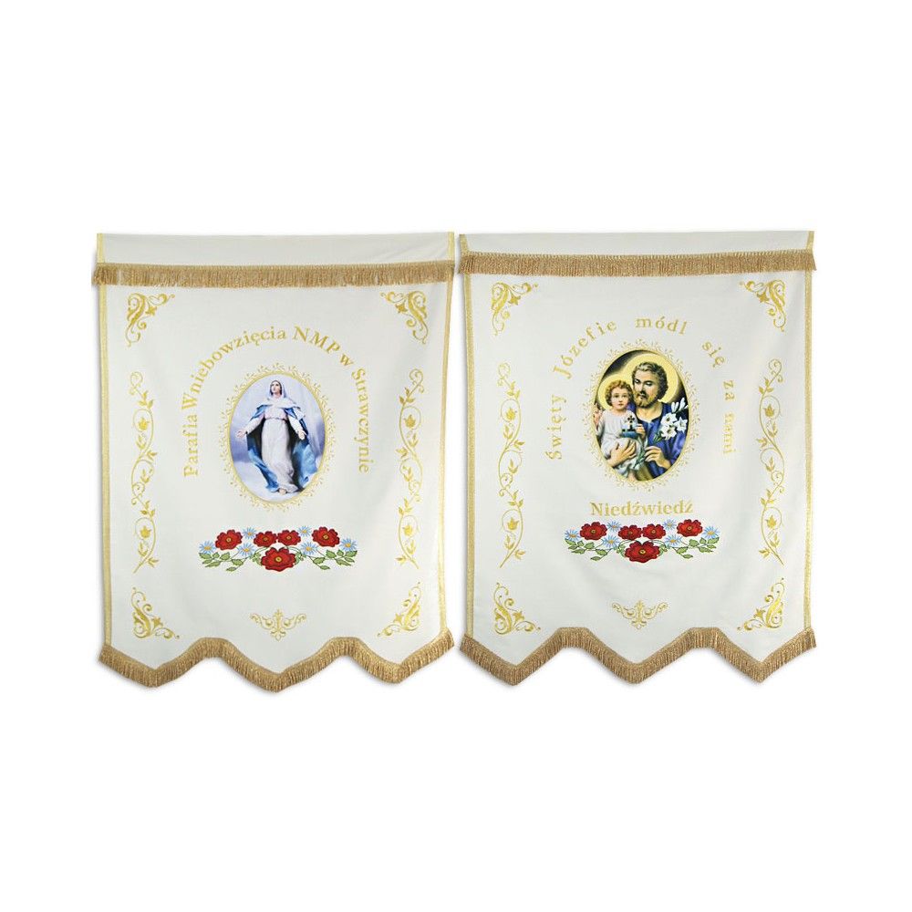 Chorągiew drukowana (Matka Boża, Św. Józef) + haftowane napisy, ornamenty