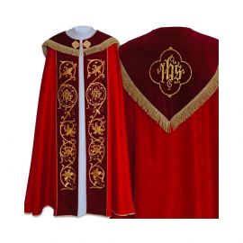 Kapa czerwona haftowana IHS - aksamitne pasy (79) - KAPY LITURGICZNE - Nowość