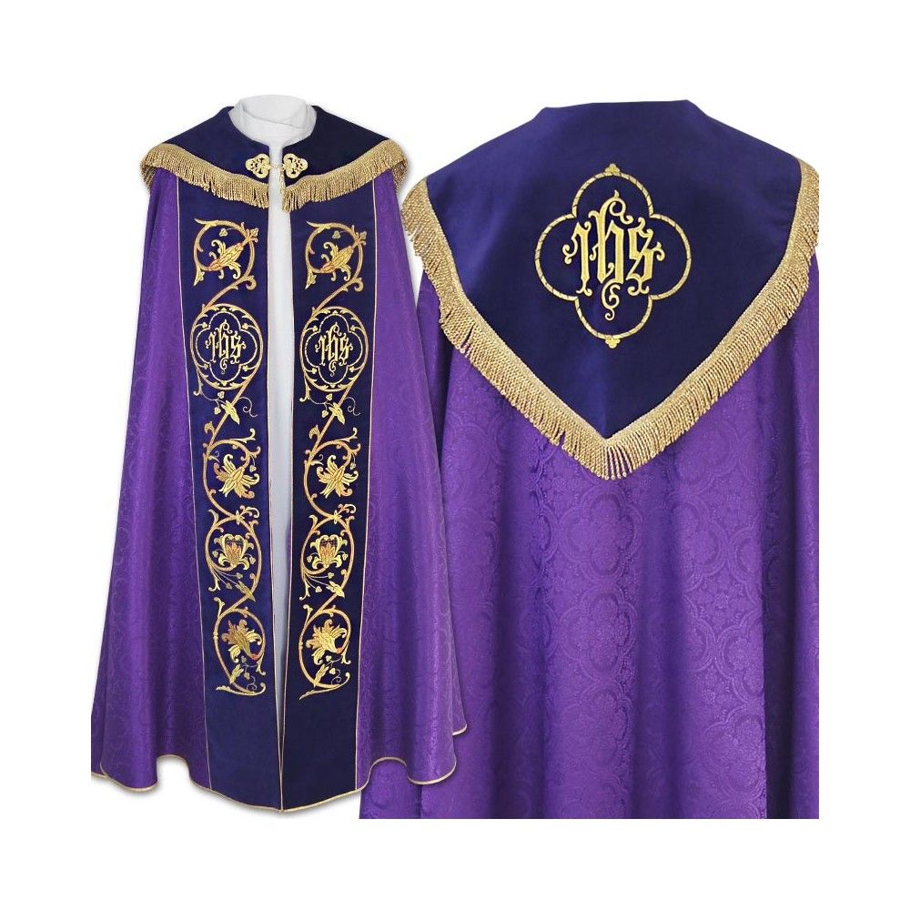 Kapa fioletowa haftowana IHS - aksamitne pasy (80) - KAPY LITURGICZNE