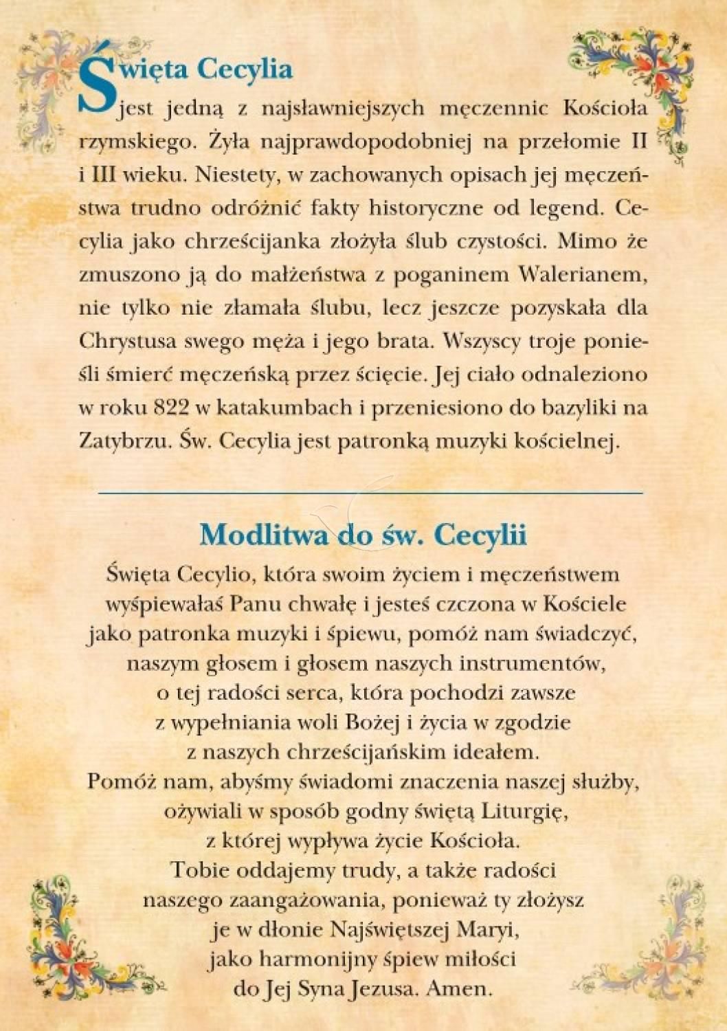 Święta Cecylia - Ikona dwustronna z modlitwą format A5 - zdjęcie 2 - Święta Cecylia - Ikona dwustronna z modlitwą format A5