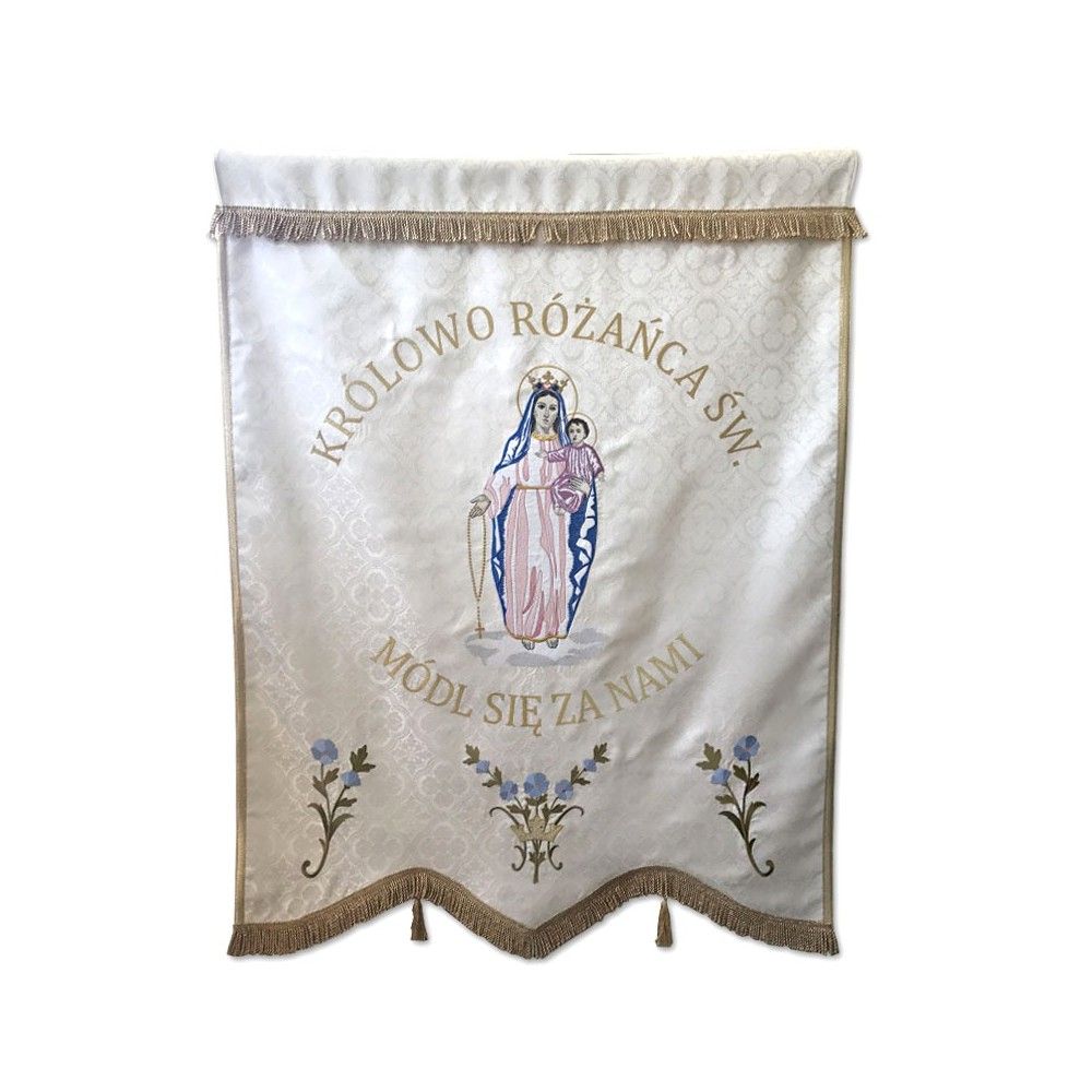 Chorągiew dwustronna Matka Boża Różańcowa- haft