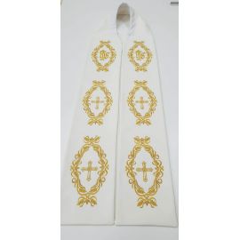 Stuła kapłańska ecru haftowana - IHS, Krzyż (2) - EUCHARYSTYCZNE - Nowość