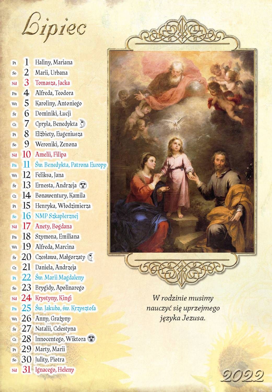 Kalendarz katolicki św. Rodzina na rok 2021 - wiszący, format A4 - zdjęcie 4 - Kalendarz katolicki św. Rodzina na rok 2021 - wiszący, format A4