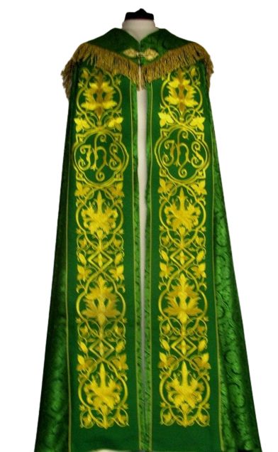 Kapa haftowana - IHS zielona - rozeta (1) - KAPY LITURGICZNE