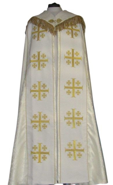 Kapa haftowana - Krzyż Jerozolimski biała - rozeta (3) - KAPY LITURGICZNE