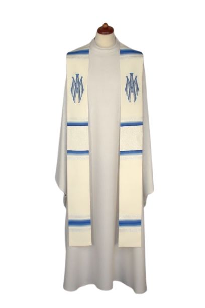 Stuła haftowana Maryjna - biało - niebieska (9)