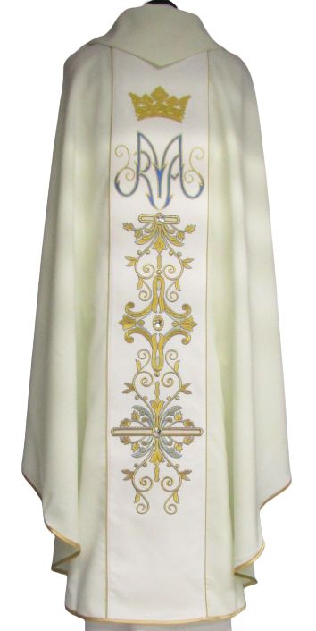 Ornat haftowany Matka Boża Kościoła - materiał gładki ecru - zdjęcie 2 - Ornat haftowany Matka Boża Kościoła - materiał gładki ecru