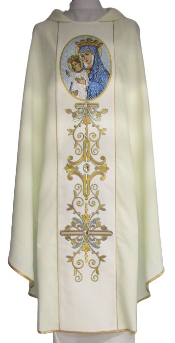 Ornat haftowany Matka Boża Kościoła - materiał gładki ecru