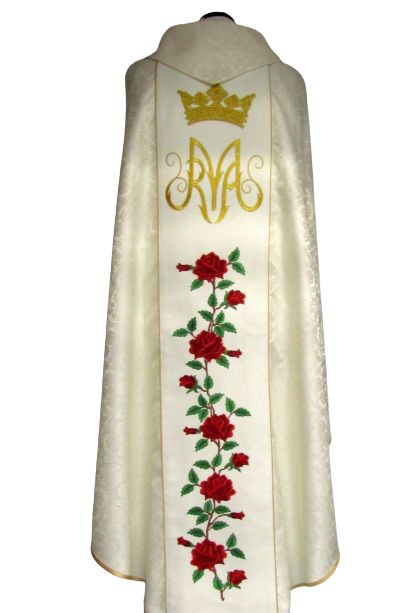 Ornat haftowany Niepokalane Serce Maryi Panny - materiał rozeta ecru - zdjęcie 2 - Ornat haftowany Niepokalane Serce Maryi Panny - materiał rozeta ecru