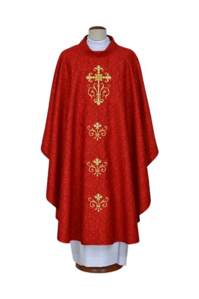 Ornat czerwony haftowany, tkanina adamaszek - Krzyż (22)