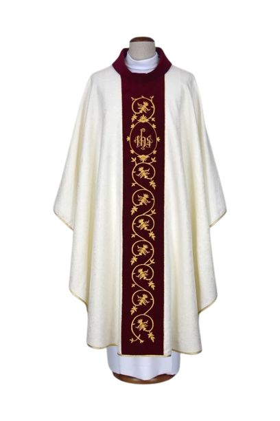 Ornat ecru haftowany, tkanina adamaszek - IHS (21)