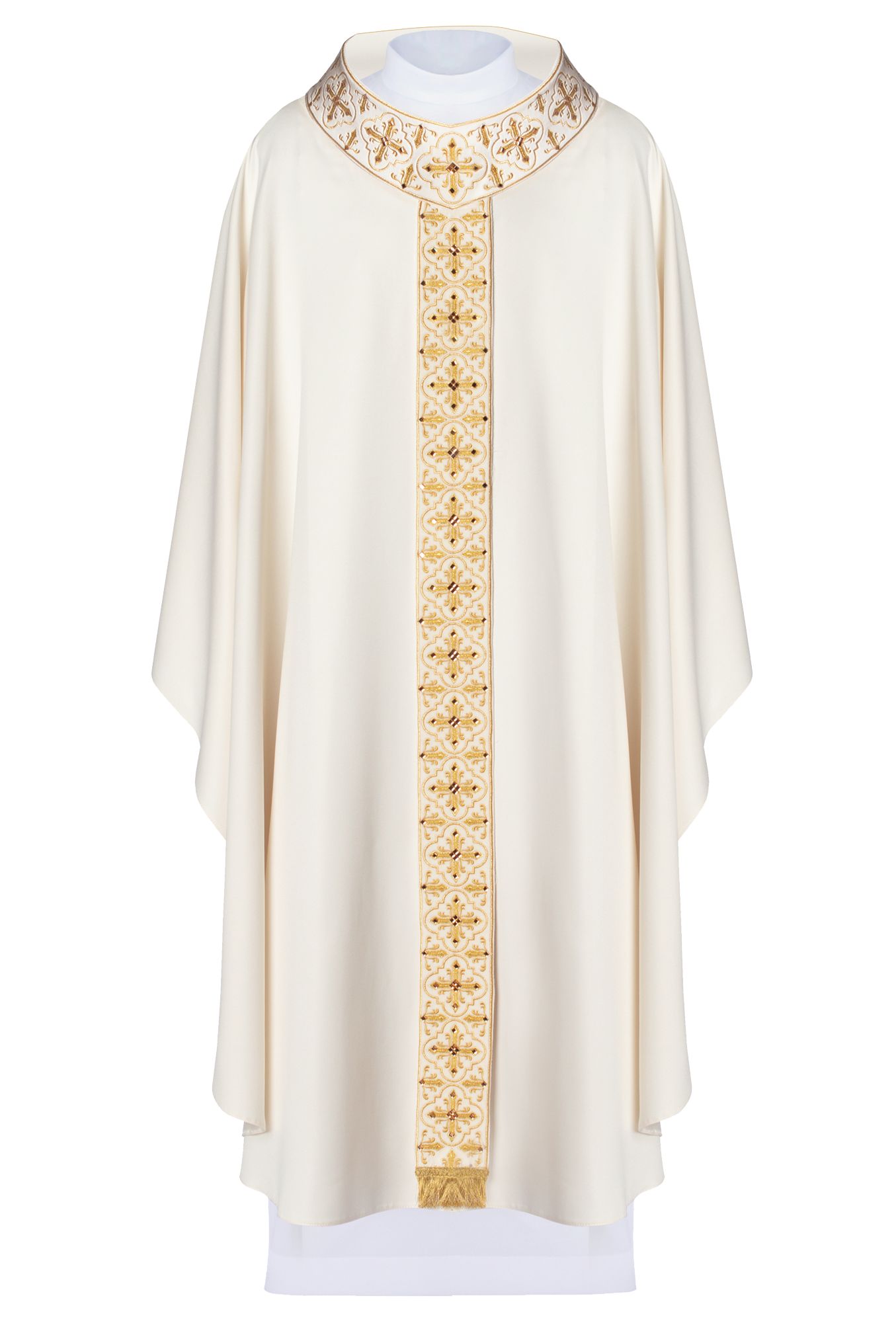 Ornat haftowany z wąskim pasem, ozdobne kamienie - ecru (H54)