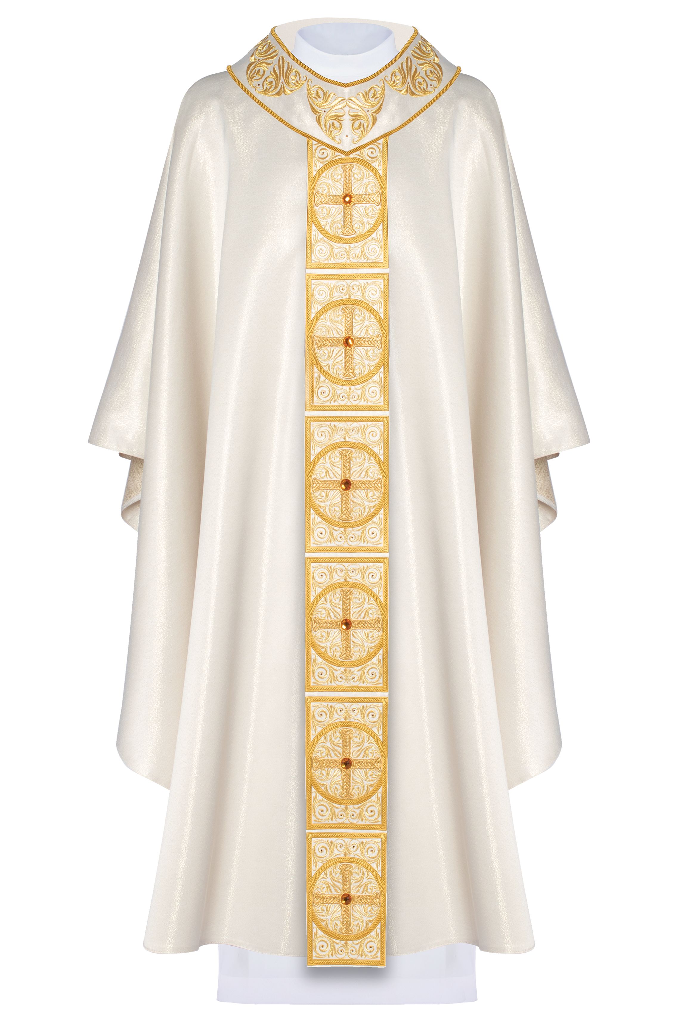 Ornat bogato haftowany, ozdobne kamienie - ecru (H60) - Ornaty białe/ ecru