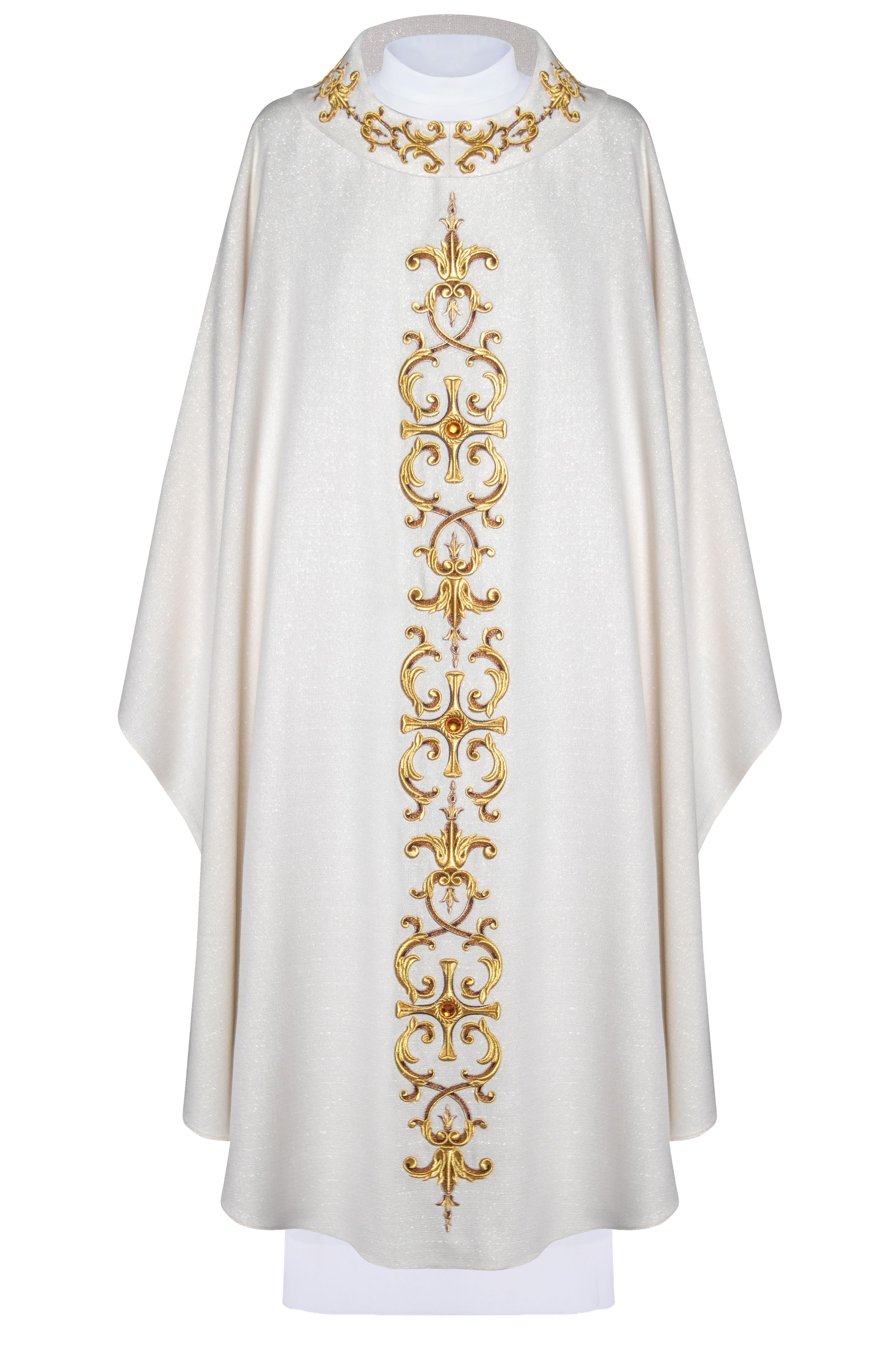 Ornat bogato haftowany, ozdobne kamienie - ecru (H61)