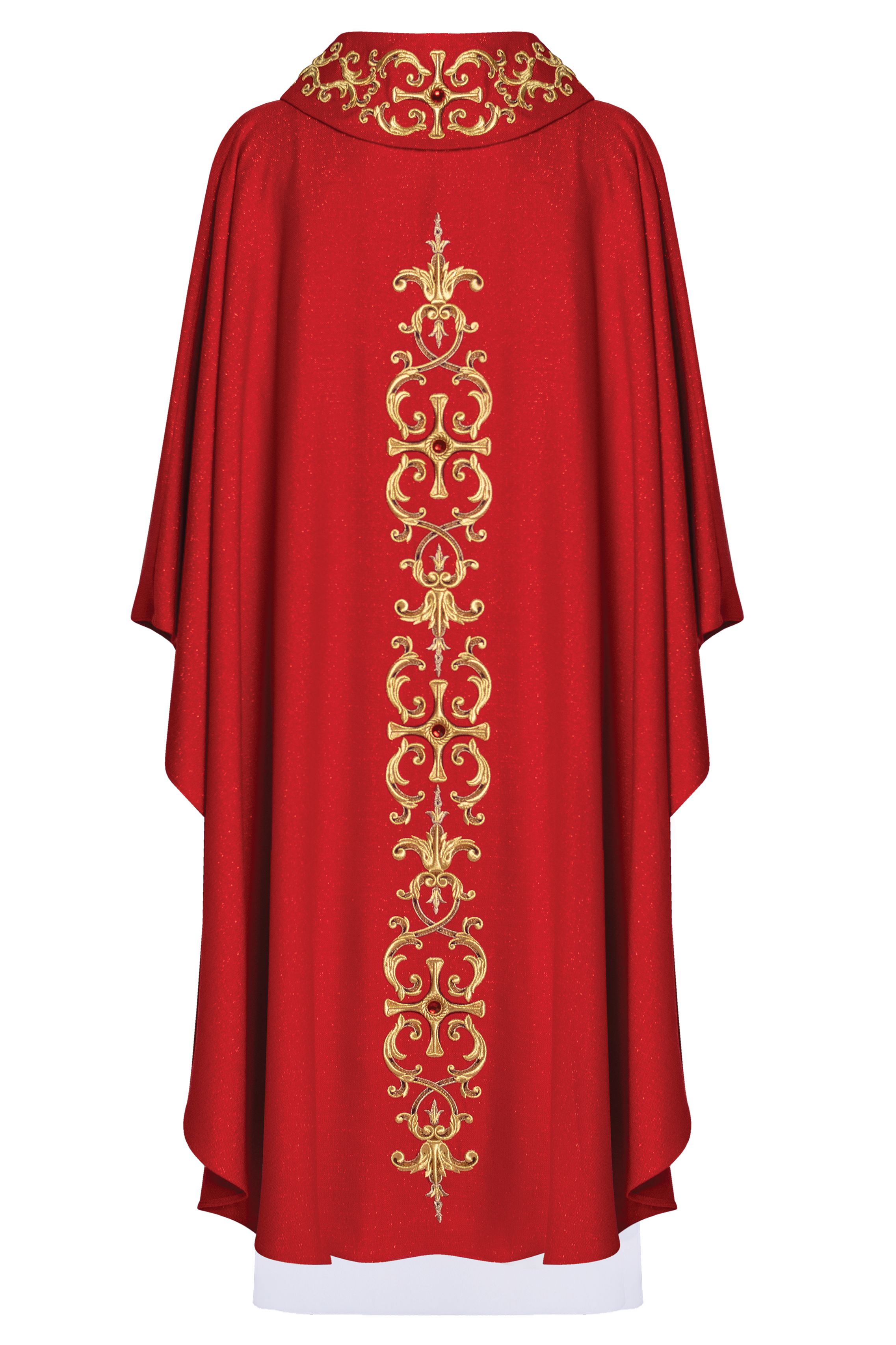 Ornat bogato haftowany, ozdobne kamienie - czerwony (H63) - zdjęcie 2 - Ornat bogato haftowany, ozdobne kamienie - czerwony (H63)