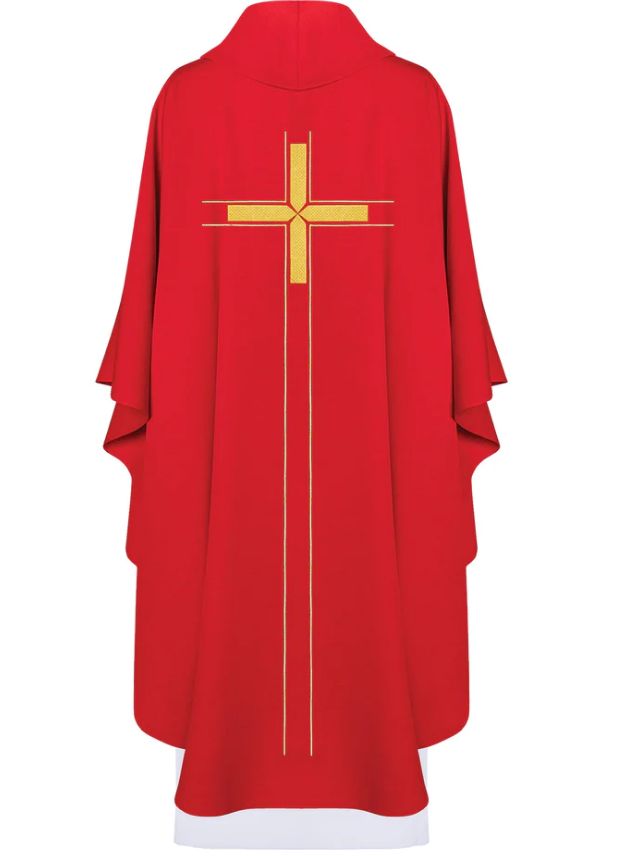 Ornat haftowany z krzyżem - czerwony (H74) - zdjęcie 2 - Ornat haftowany z krzyżem - czerwony (H74)