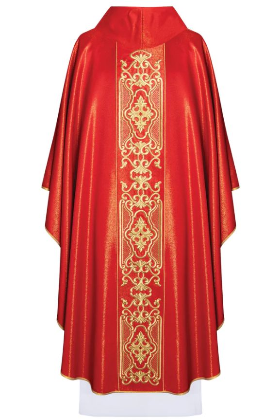 Ornat bogato haftowany, tkanina błyszcząca - czerwony (H79) - zdjęcie 2 - Ornat bogato haftowany, tkanina błyszcząca - czerwony (H79)