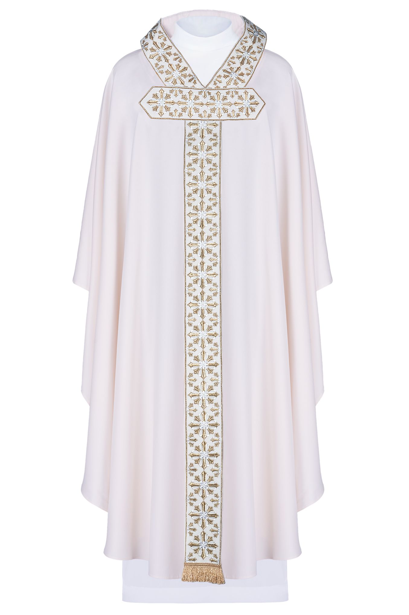 Ornat z haftowanym pasem i kołnierzem. motyw krzyża - ecru (H87)