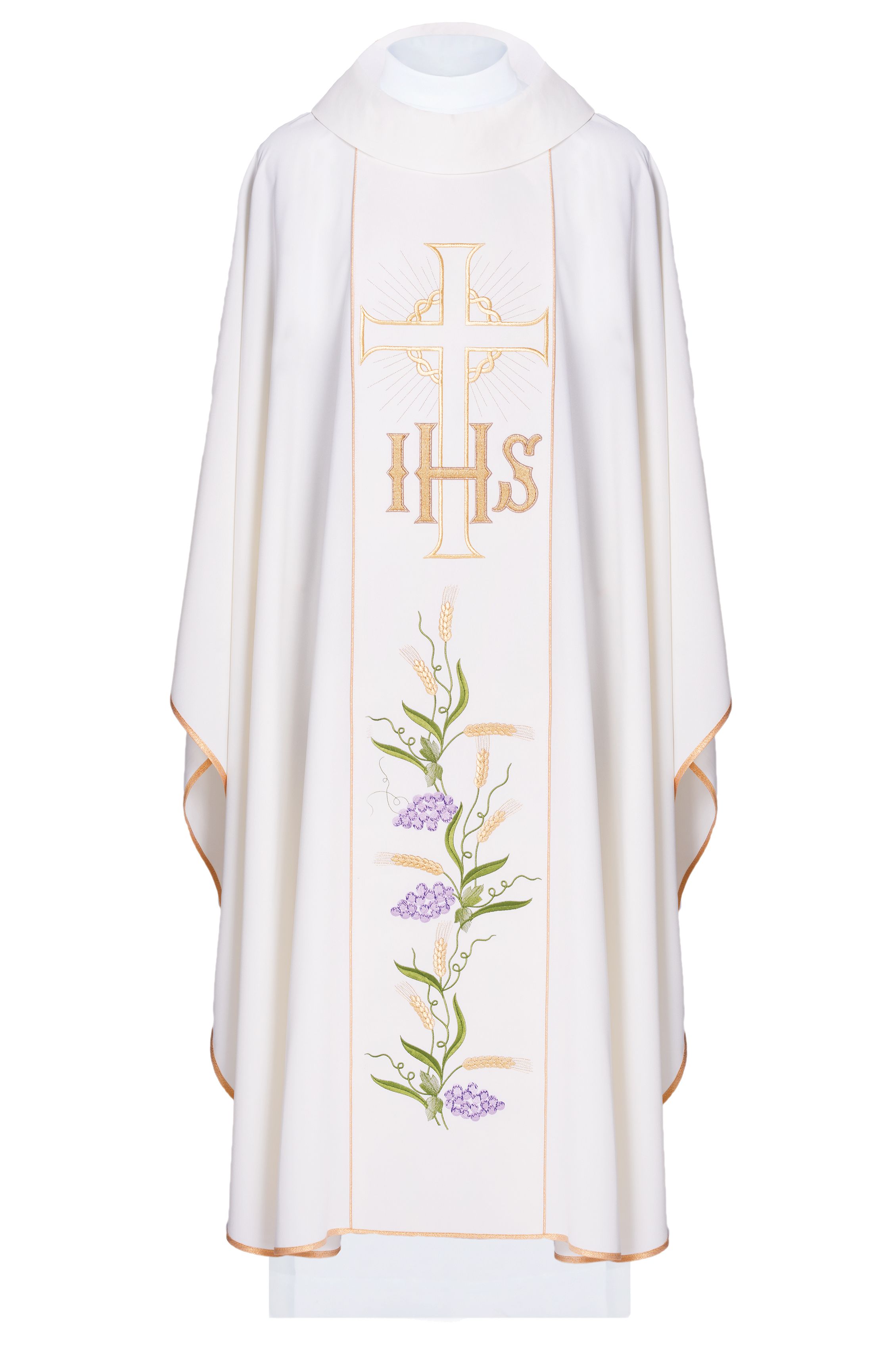 Ornat haftowany z symbolem IHS, Krzyża i winogron - ecru (H107)