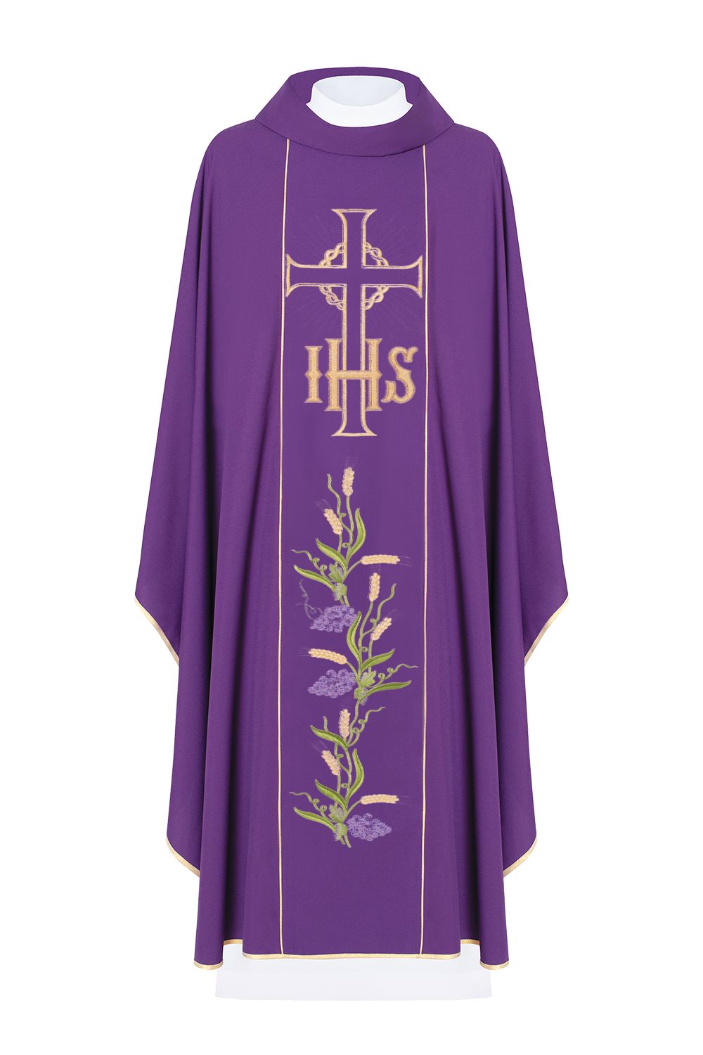 Ornat haftowany z symbolem IHS, Krzyża i winogron - fioletowy (H110) - zdjęcie 2 - Ornat haftowany z symbolem IHS, Krzyża i winogron - fioletowy (H110)