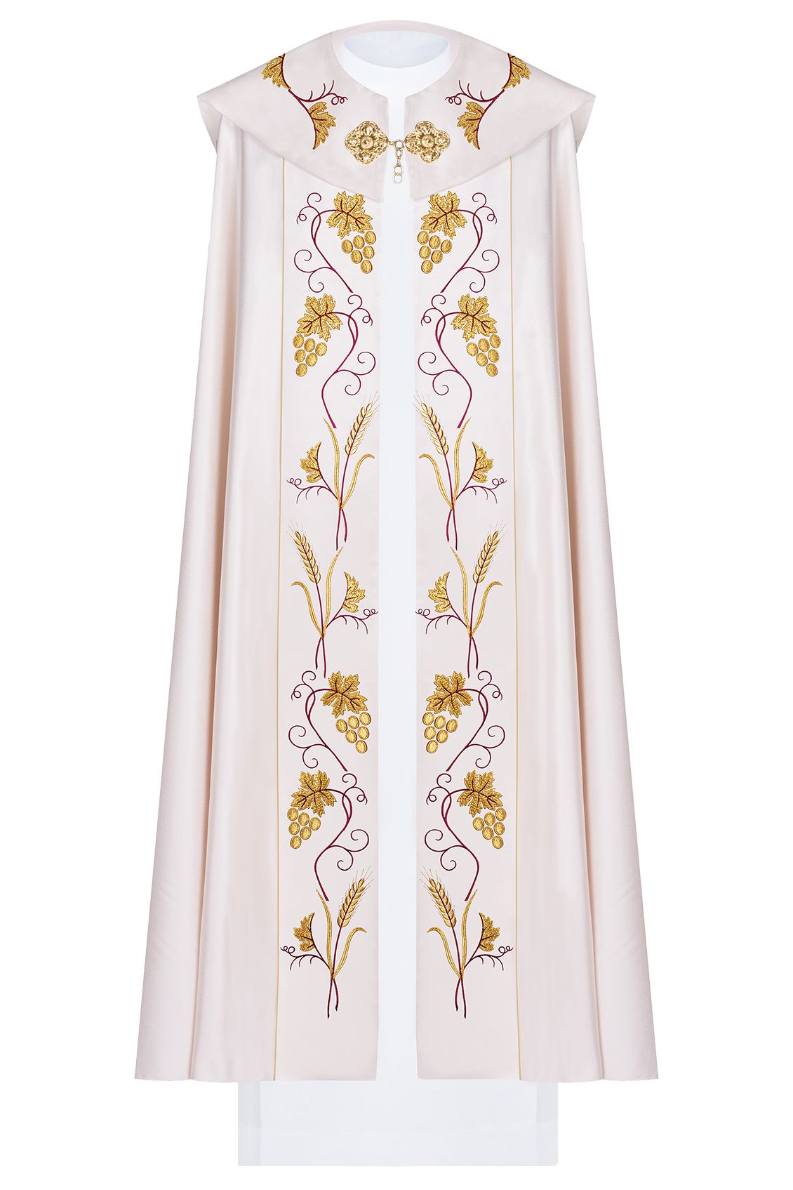 Kapa haftowana, IHS + winogrona - ecru (4H) - KAPY LITURGICZNE