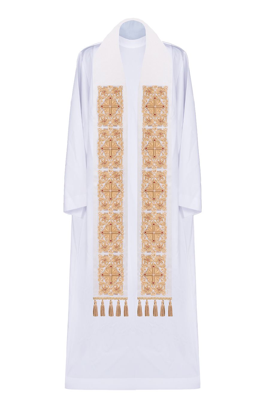 Stuła haftowana ecru, zdobiona chwostami (4H)